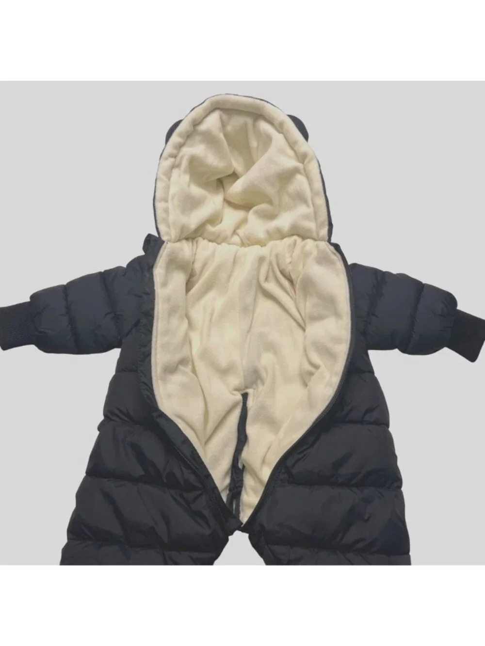 Tian Zong Bear Hooded Black Puffer Snowsuit W Ears Zip Closure Fleece Lined